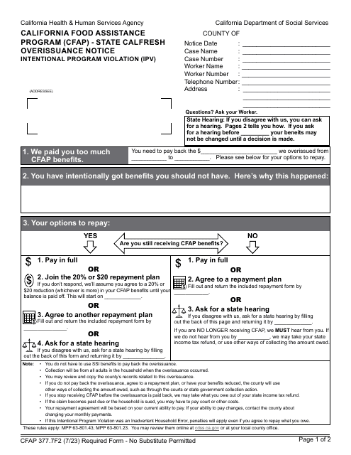 Form CFAP377.7F2 State CalFresh Overissuance Notice Intentional Program Violation (Ipv) - California Food Assistance Program (Cfap) - California