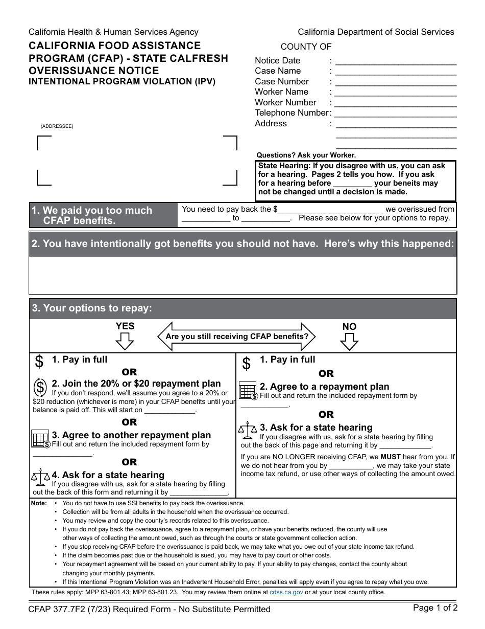 Form CFAP377.7F2 State CalFresh Overissuance Notice Intentional Program Violation (Ipv) - California Food Assistance Program (Cfap) - California, Page 1