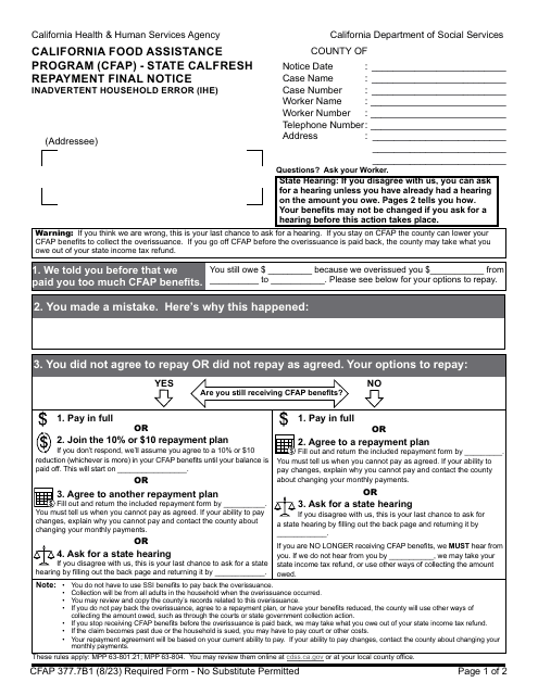 Form CFAP377.7B1 State CalFresh Repayment Final Notice Inadvertent Household Error (Ihe) - California Food Assistance Program (Cfap) - California