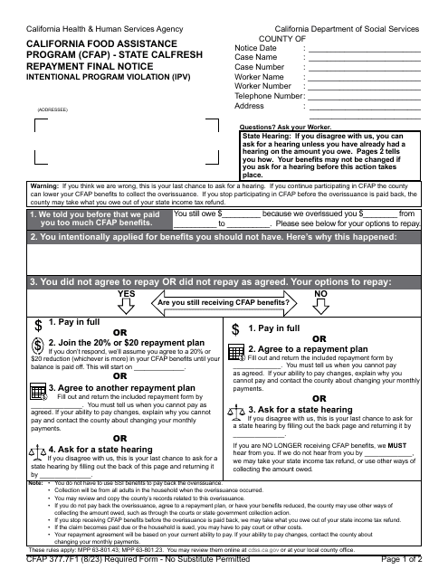 Form CFAP377.7F1 State CalFresh Repayment Final Notice Intentional Program Violation (Ipv) - California Food Assistance Program (Cfap) - California