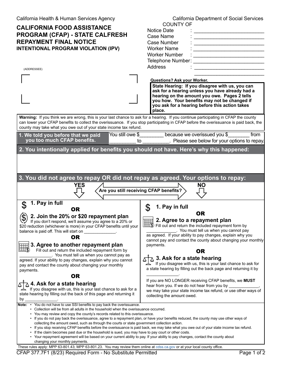 Form CFAP377.7F1 State CalFresh Repayment Final Notice Intentional Program Violation (Ipv) - California Food Assistance Program (Cfap) - California, Page 1