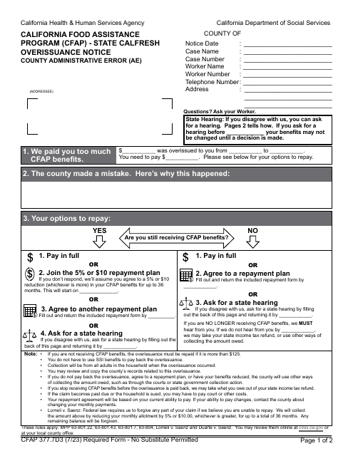 Form CFAP377.7D3  Printable Pdf