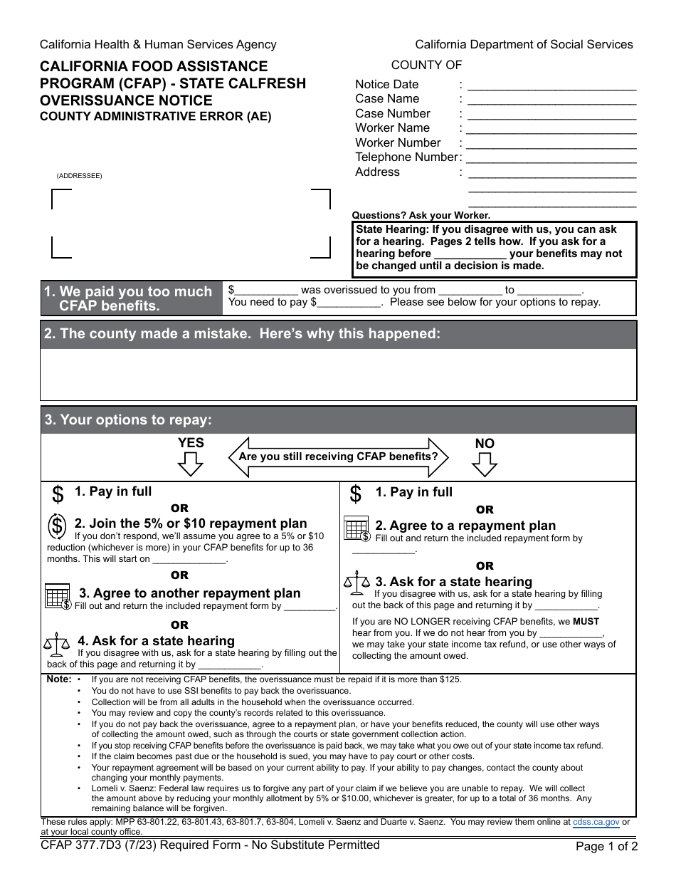 Form CFAP377.7D3 State CalFresh Overissuance Notice County Administrative Error (AE) - California Food Assistance Program (Cfap) - California, Page 1