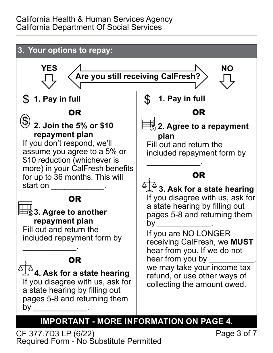 Form CF377.7D3 LP CalFresh Overissuance Notice - County Administrative Error (AE) - Large Print - California, Page 3