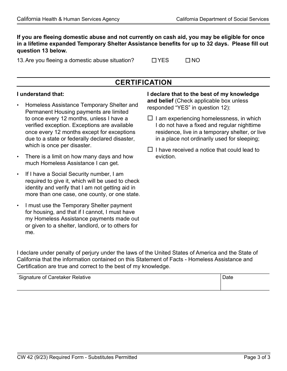 Form CW42 Statement of Facts - Homeless Assistance - California, Page 3