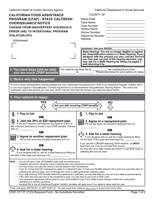 Form CFAP377.7F  Printable Pdf