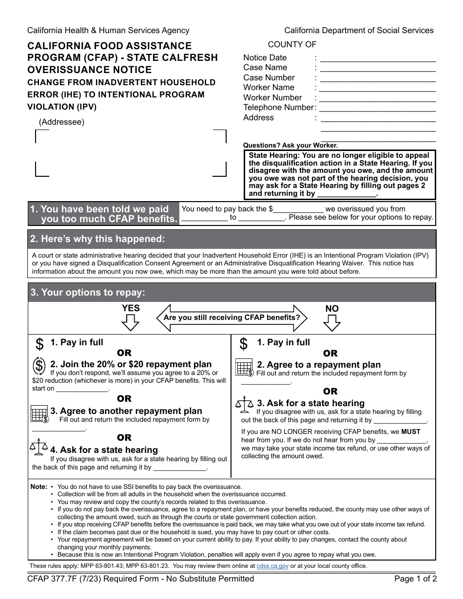 Form CFAP377.7F State CalFresh Overissuance Notice Change From Inadvertent Household Error (Ihe) to Intentional Program Violation (Ipv) - California Food Assistance Program (Cfap) - California, Page 1