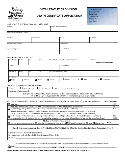 Death Certificate Application - Prince Edward Island, Canada Download Pdf