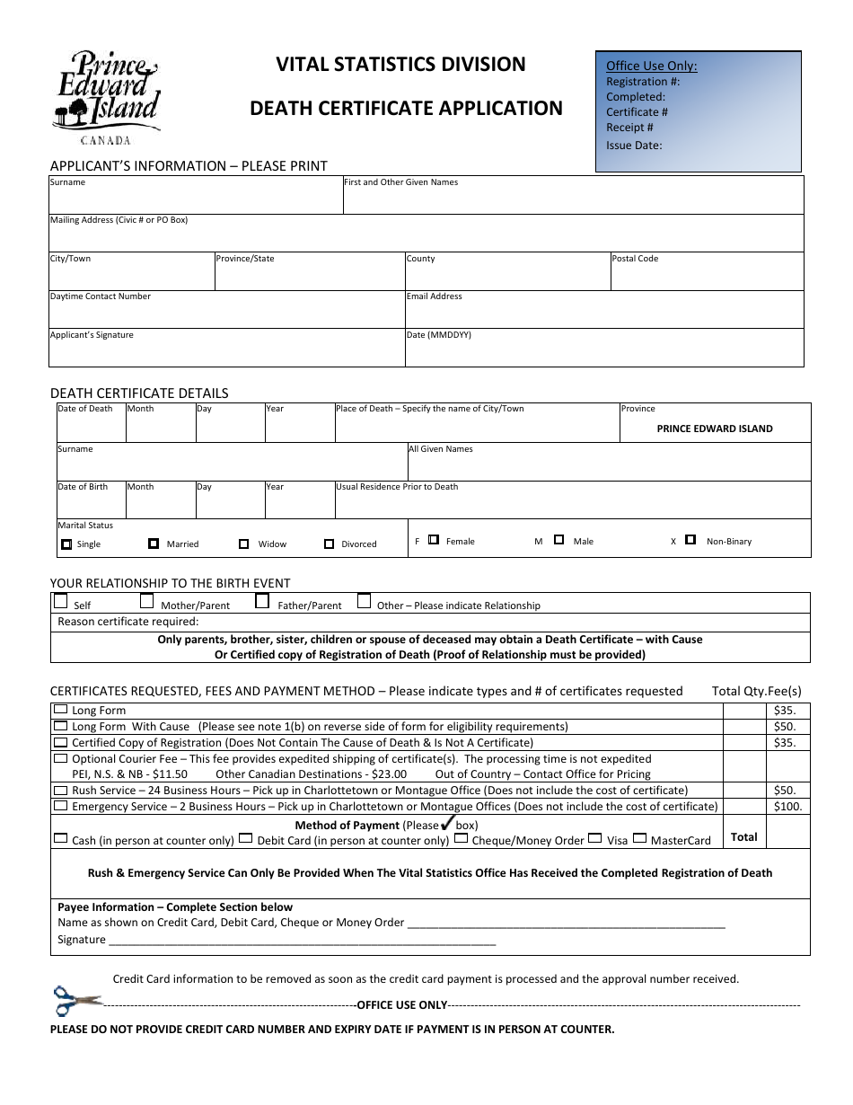 Death Certificate Application - Prince Edward Island, Canada, Page 1