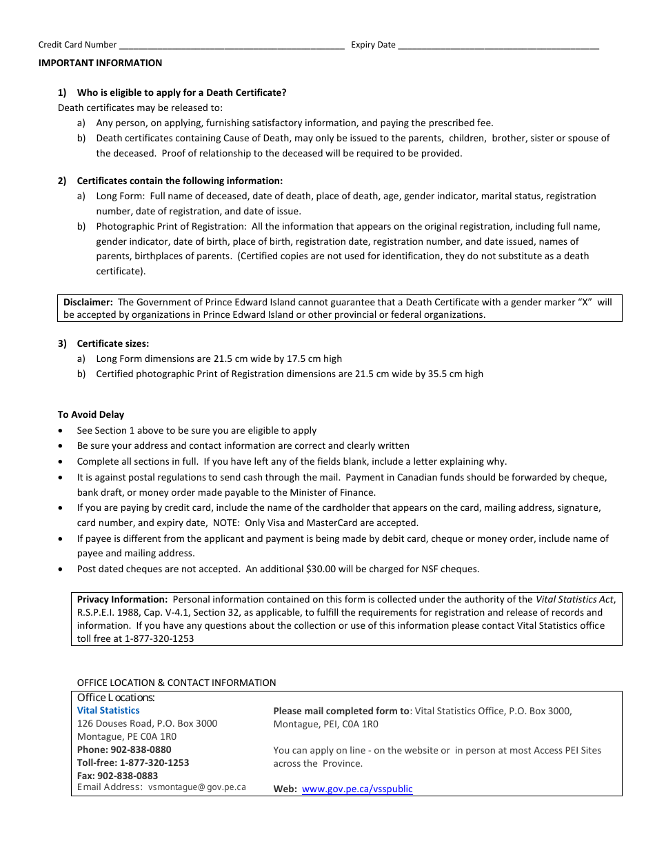 Death Certificate Application - Prince Edward Island, Canada, Page 2
