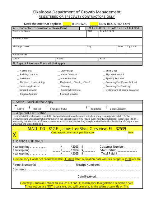 Registered or Specialty Contractors Only - Okaloosa County, Florida Download Pdf
