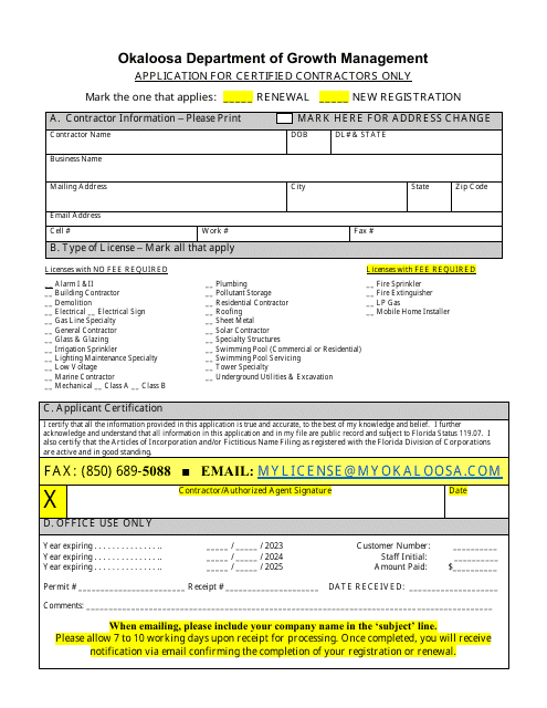 Application for Certified Contractors Only - Okaloosa County, Florida Download Pdf