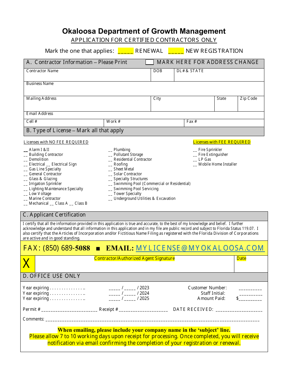 Application for Certified Contractors Only - Okaloosa County, Florida, Page 1