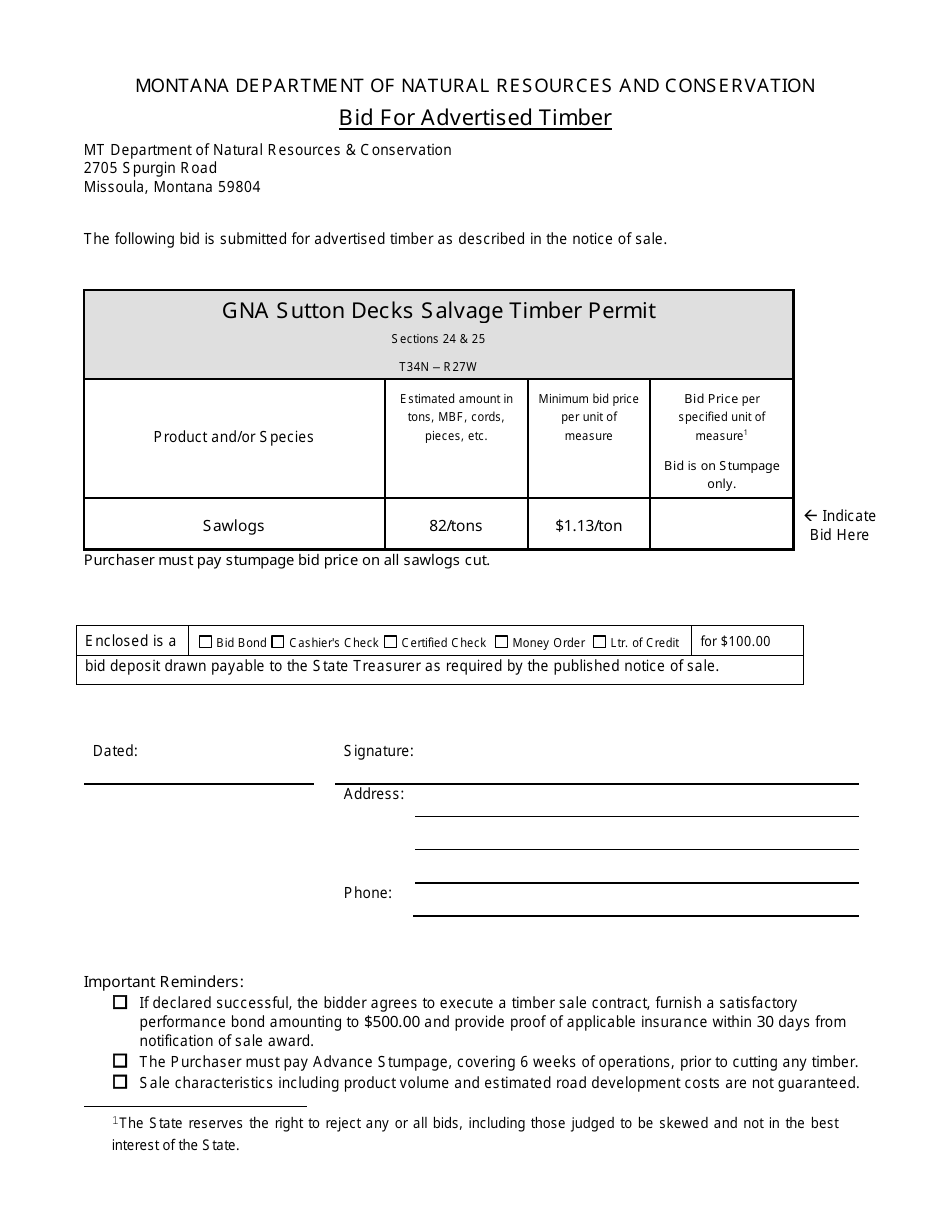 Bid for Advertised Timber - Gna Sutton Decks Salvage Timber Permit - Montana, Page 1