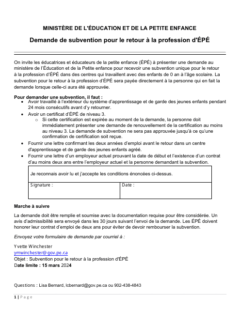 Demande De Subvention Pour Le Retour a La Profession D'epe - Prince Edward Island, Canada (French), 2024