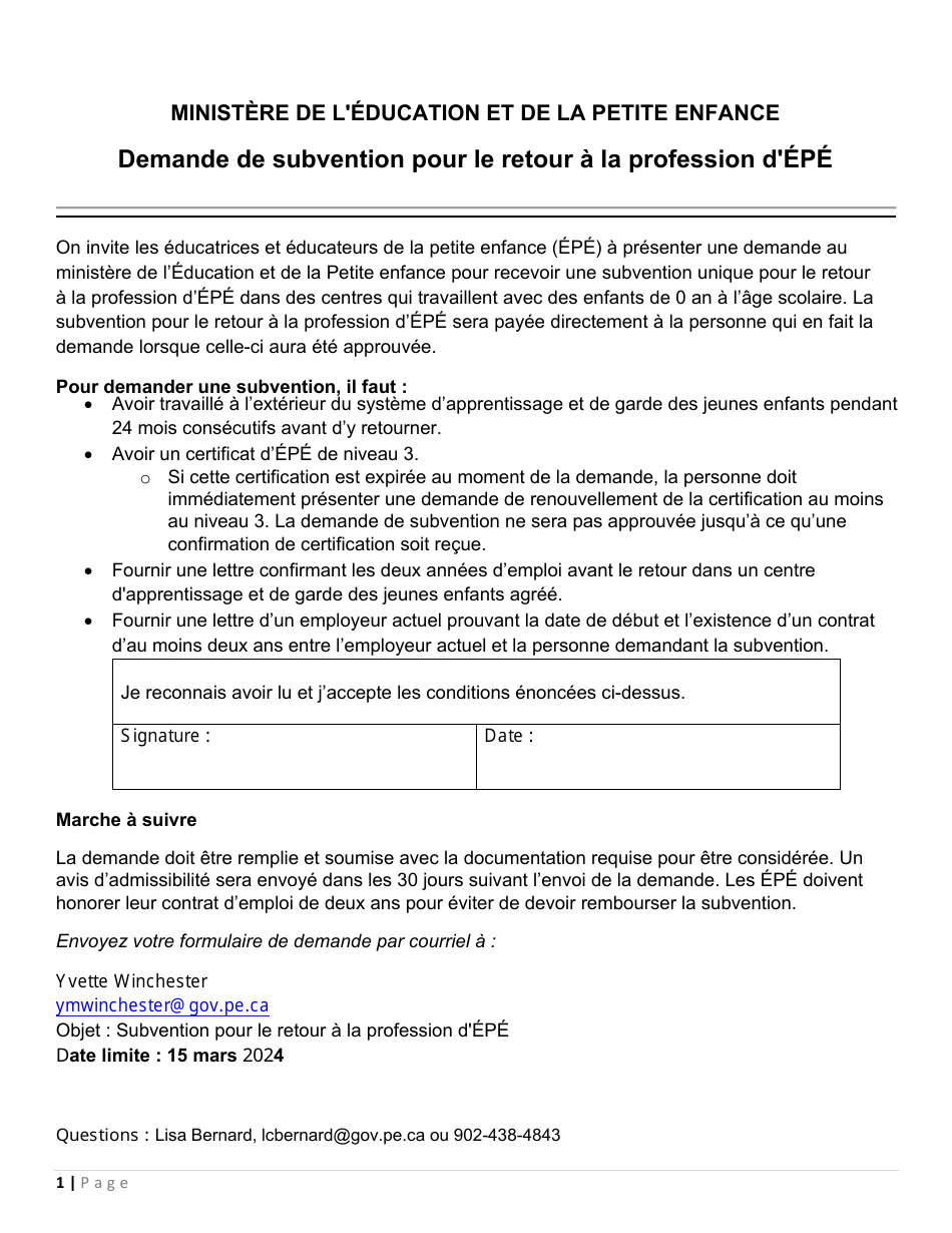 Demande De Subvention Pour Le Retour a La Profession Depe - Prince Edward Island, Canada (French), Page 1