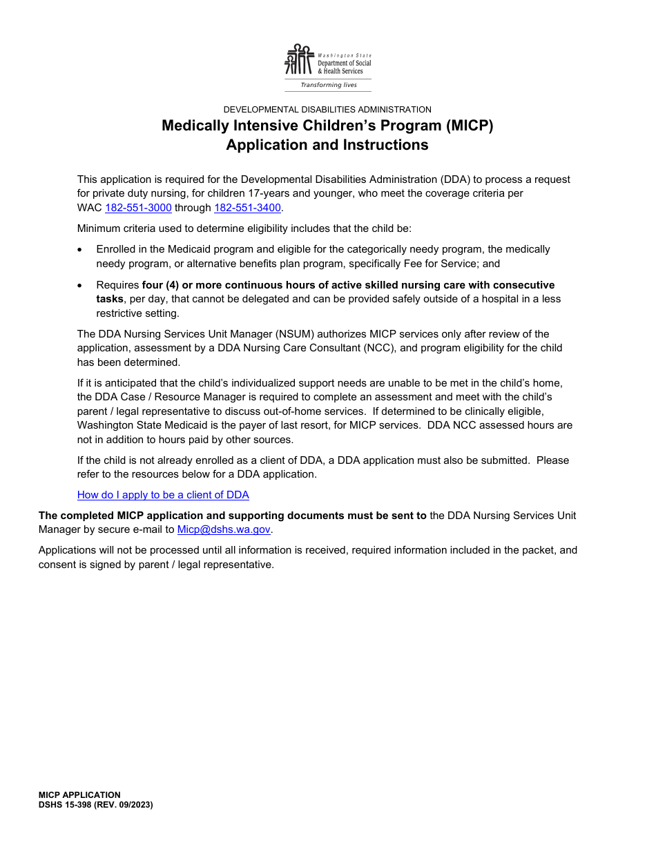 DSHS Form 15-398 Medically Intensive Childrens Program (Micp) Application - Washington, Page 1