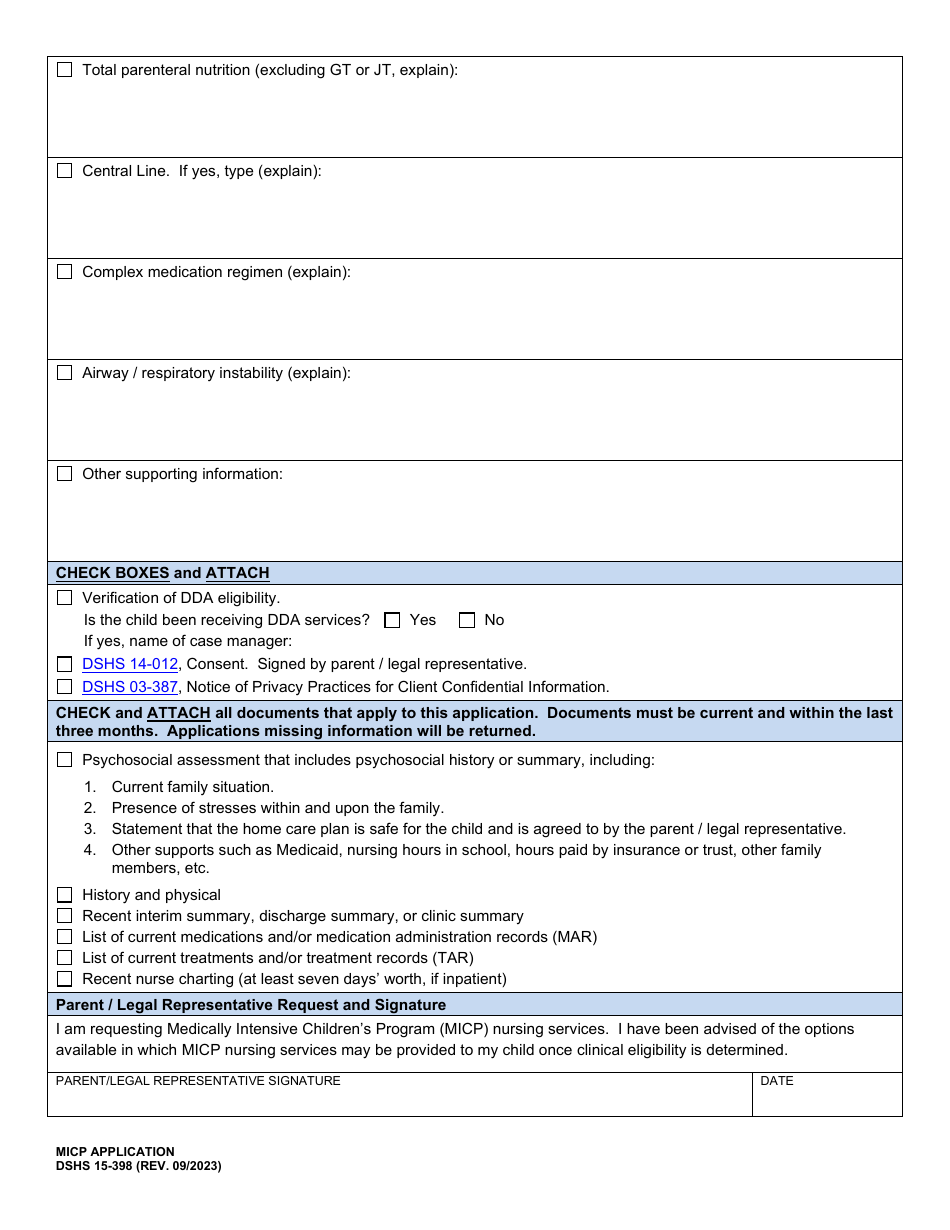 DSHS Form 15-398 Medically Intensive Childrens Program (Micp) Application - Washington, Page 4