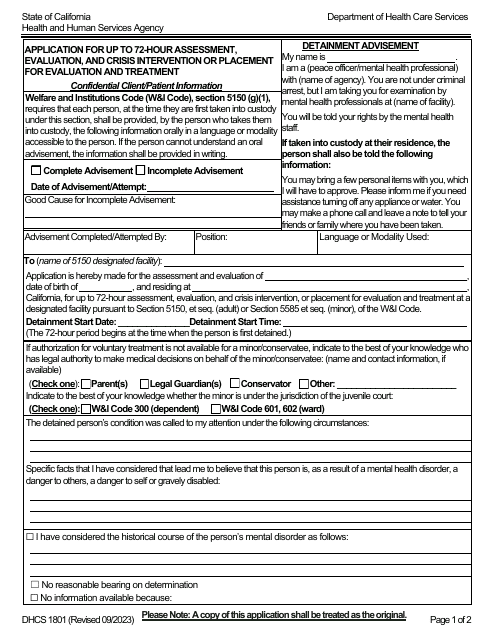 Form DHCS1801 Application for up to 72-hour Assessment, Evaluation, and Crisis Intervention or Placement for Evaluation and Treatment - California