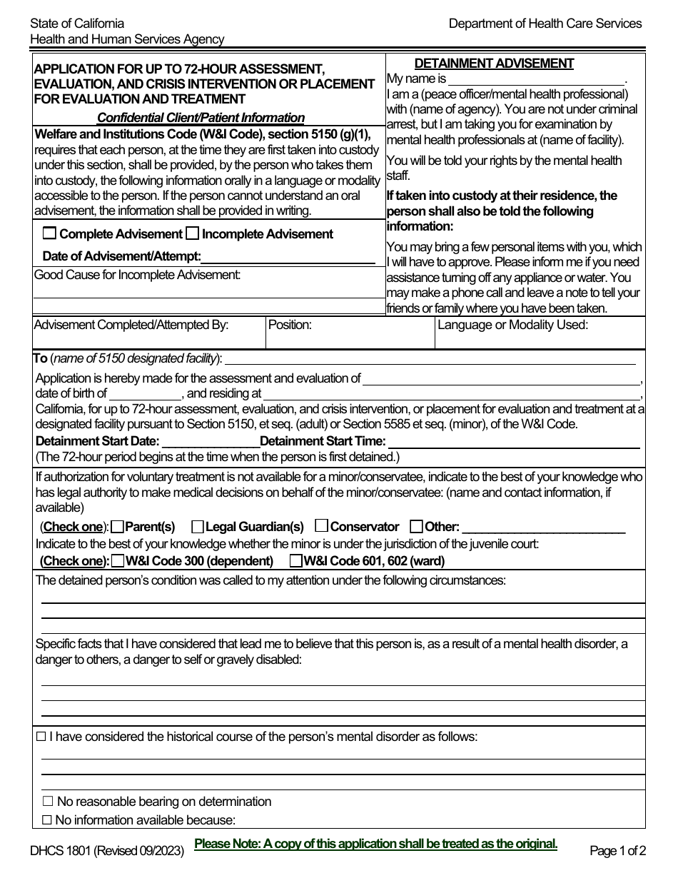 Form DHCS1801 Application for up to 72-hour Assessment, Evaluation, and Crisis Intervention or Placement for Evaluation and Treatment - California, Page 1