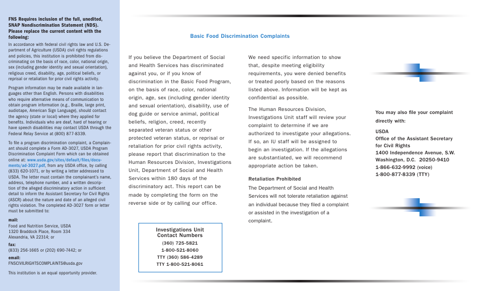DSHS Form 22-552 Discrimination Complaint - Washington, Page 2