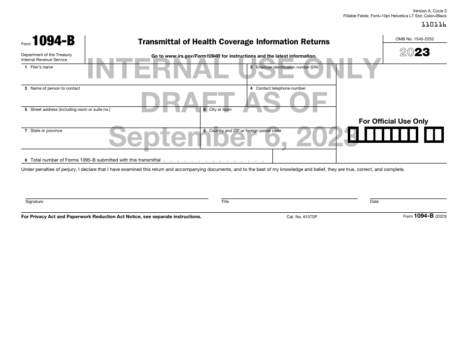 IRS Form 1094-B Transmittal of Health Coverage Information Returns - Draft, Page 1