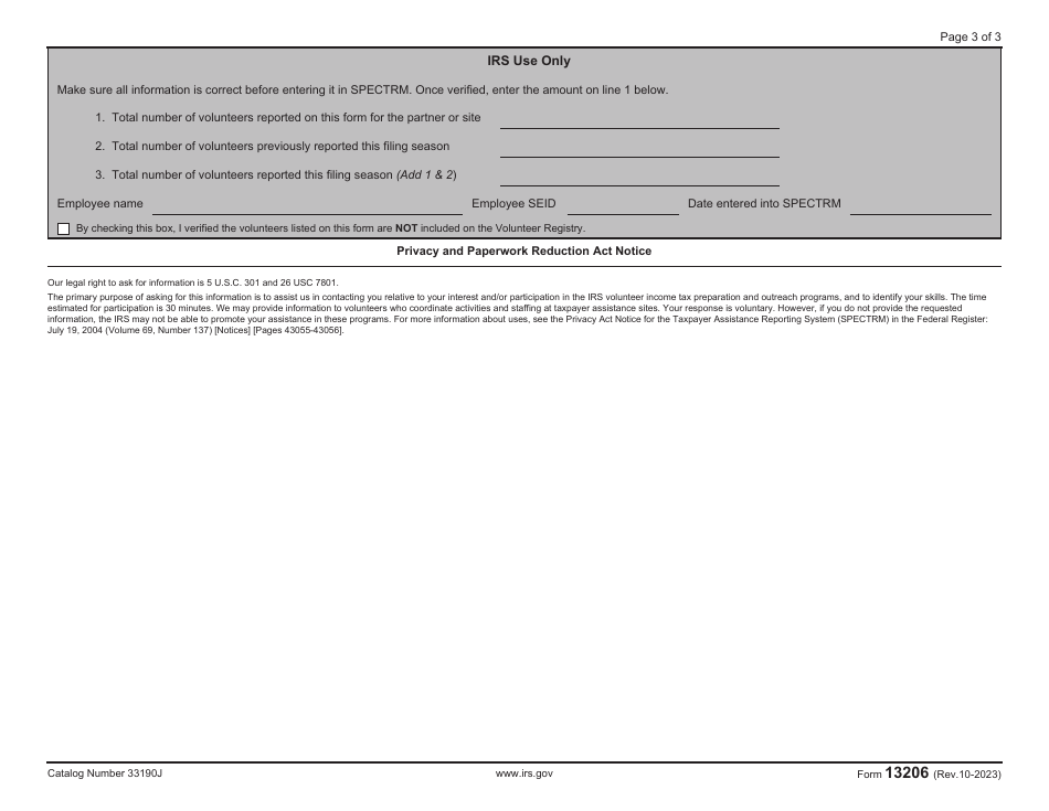 IRS Form 13206 Volunteer Assistance Summary Report, Page 3