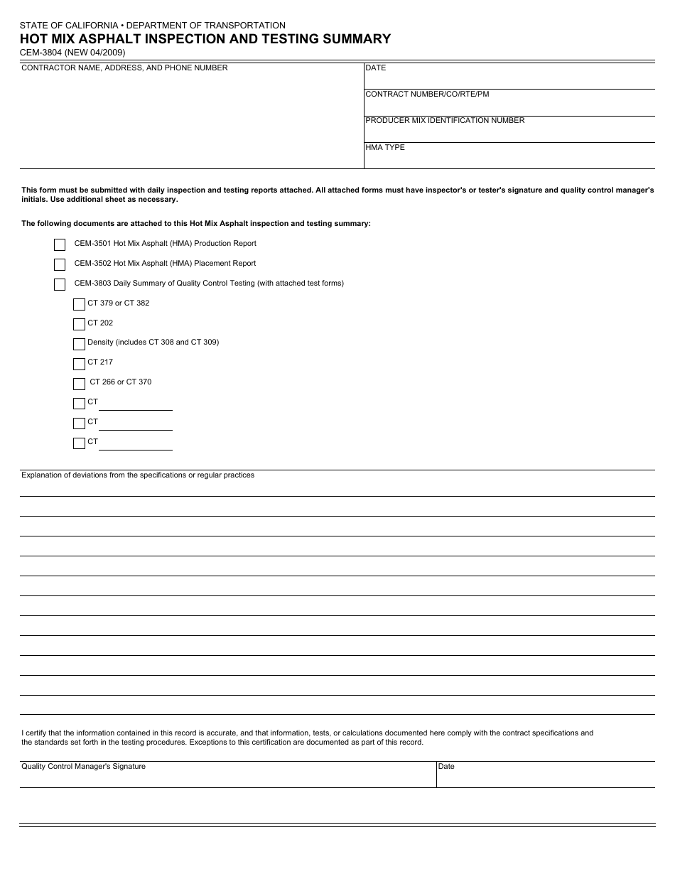 Form CEM-3804 Hot Mix Asphalt Inspection and Testing Summary - California, Page 1