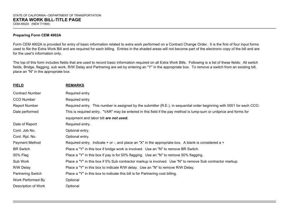 Form CEM-4902A Extra Work Bill - Title Page - California, Page 2