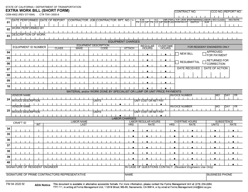 Form CEM-4902 Extra Work Bill (Short Form) - California, Page 1