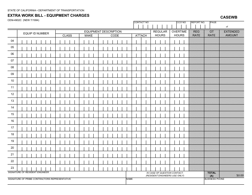 Form CEM-4902C Extra Work Bill - Equipment Charges - California