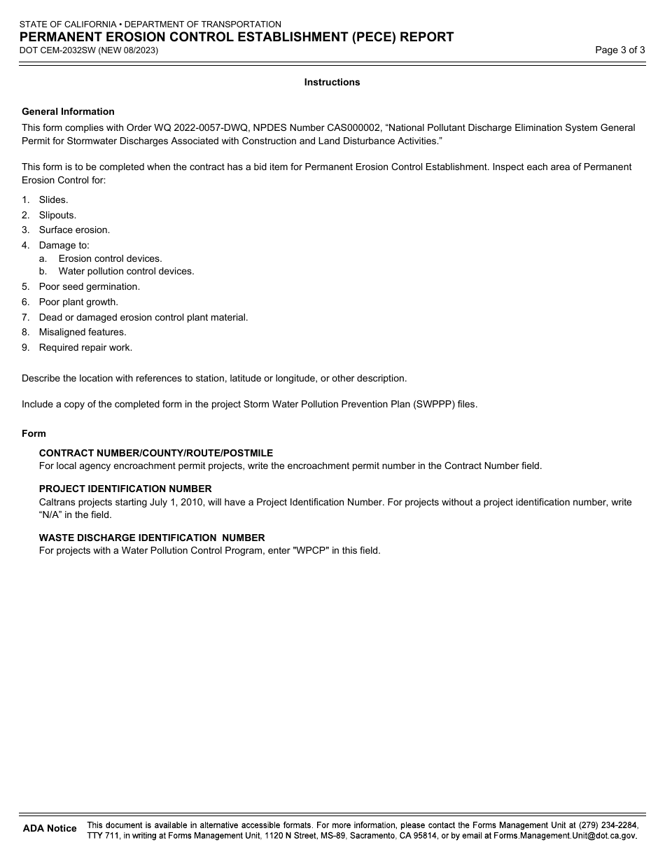 Form DOT CEM-2032SW Permanent Erosion Control Establishment (Pece) Report - California, Page 3