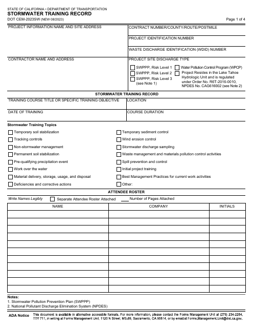 Form DOT CEM-2023SW  Printable Pdf