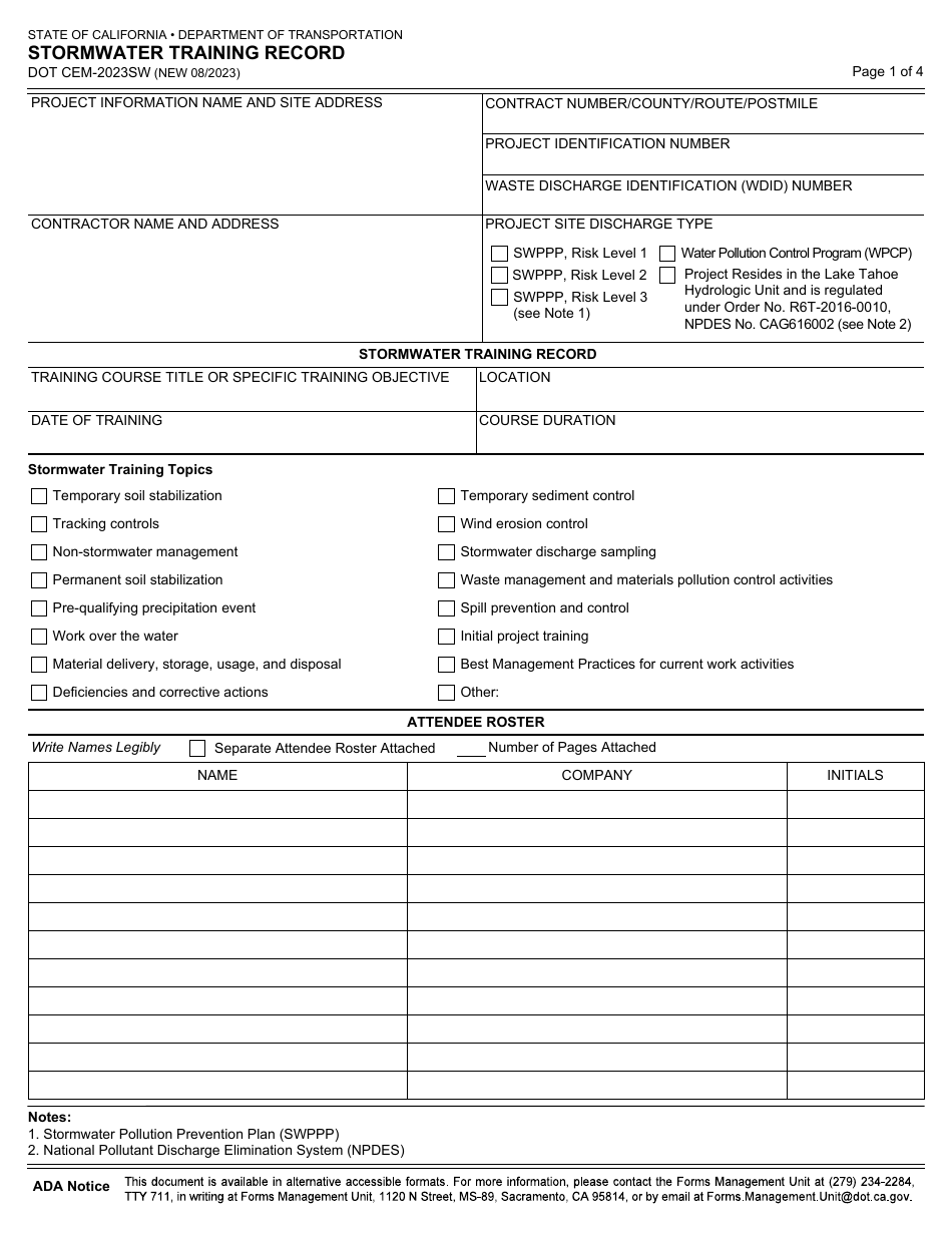 Form DOT CEM-2023SW Stormwater Training Record - California, Page 1