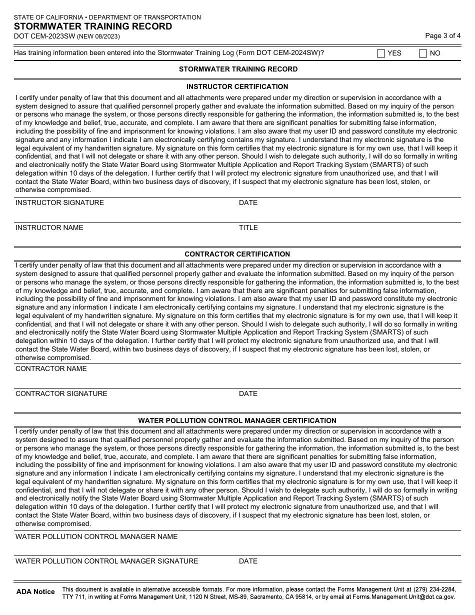 Form DOT CEM-2023SW Stormwater Training Record - California, Page 3