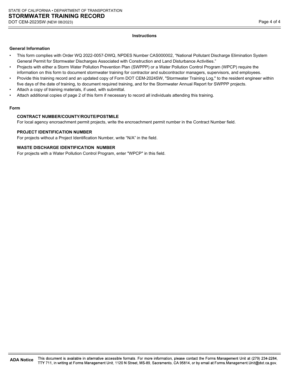 Form DOT CEM-2023SW Stormwater Training Record - California, Page 4