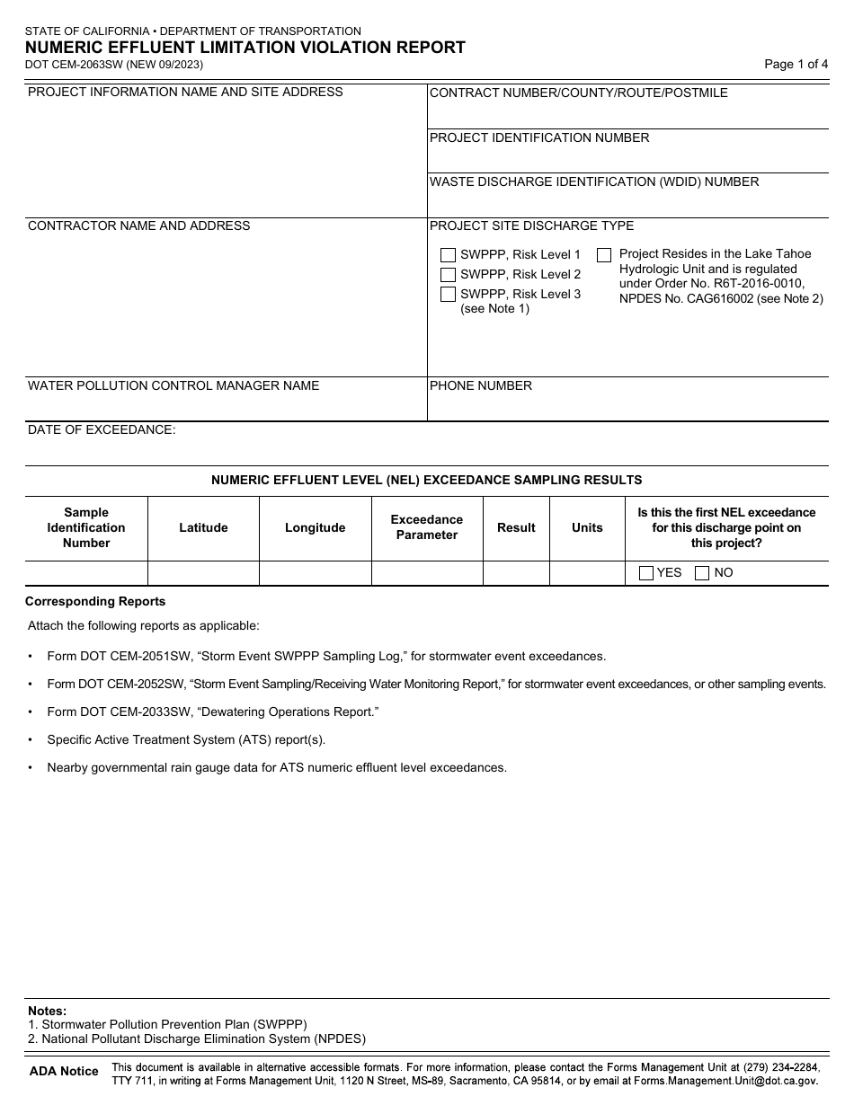 Form DOT CEM-2063SW Numeric Effluent Limitation Violation Report - California, Page 1