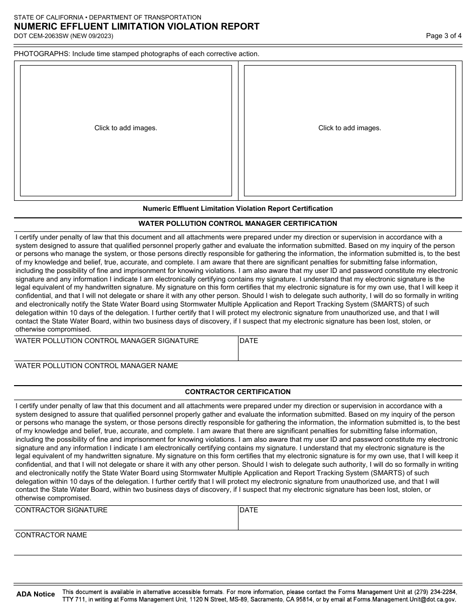 Form DOT CEM-2063SW Numeric Effluent Limitation Violation Report - California, Page 3