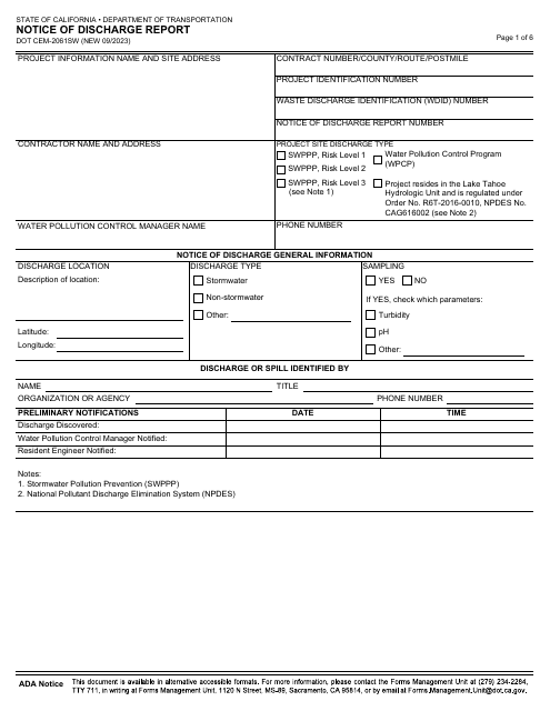Form DOT CEM-2061SW  Printable Pdf