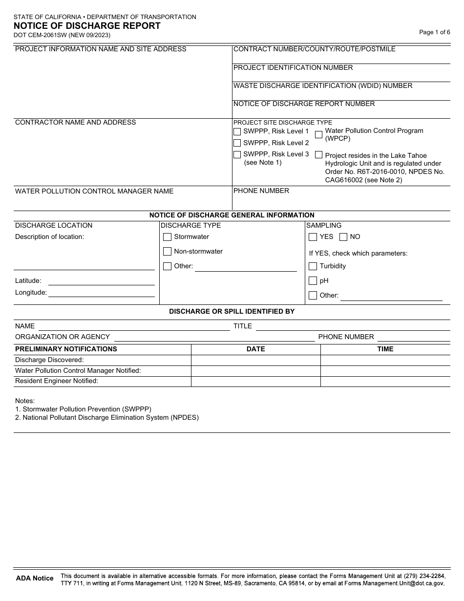 Form DOT CEM-2061SW Notice of Discharge Report - California, Page 1
