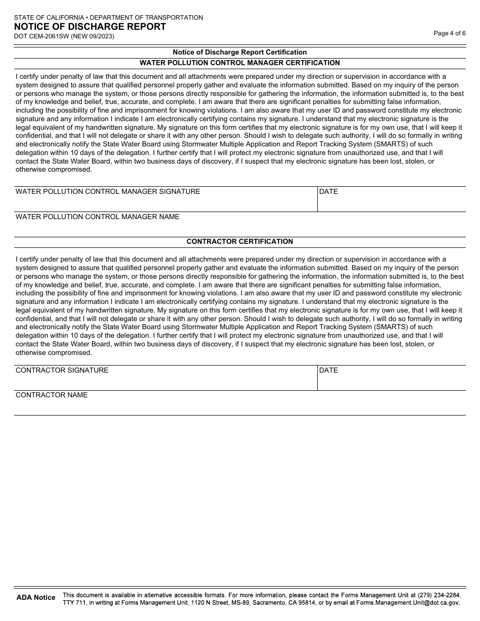 Form DOT CEM-2061SW Notice of Discharge Report - California, Page 4