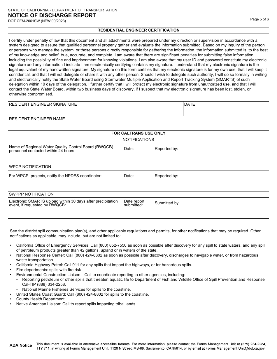 Form DOT CEM-2061SW Notice of Discharge Report - California, Page 5