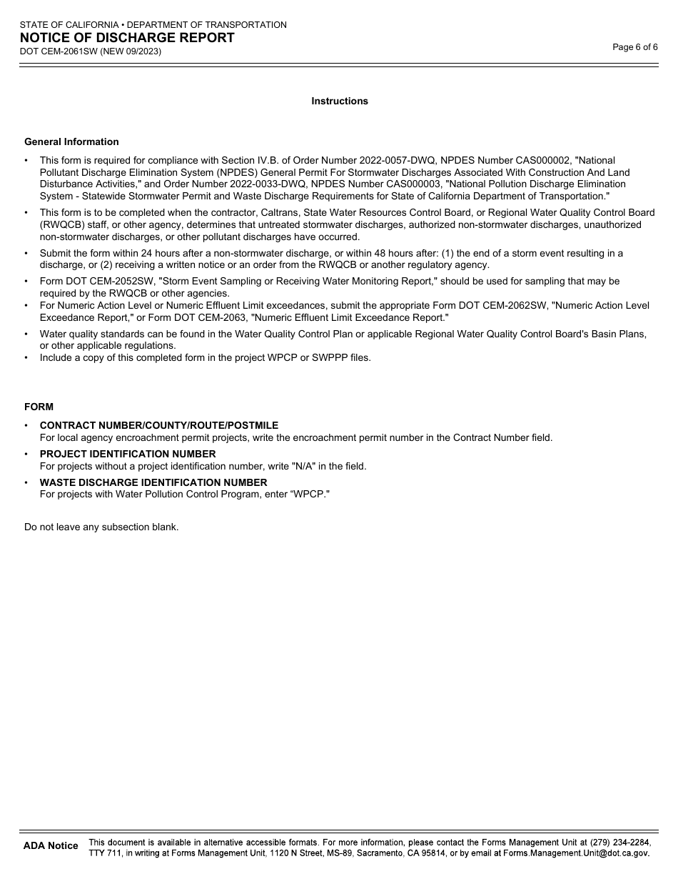 Form DOT CEM-2061SW Notice of Discharge Report - California, Page 6