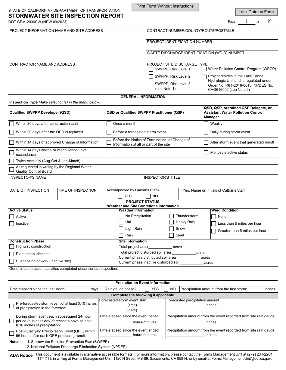 Form DOT CEM-2030SW - Fill Out, Sign Online and Download Fillable PDF ...