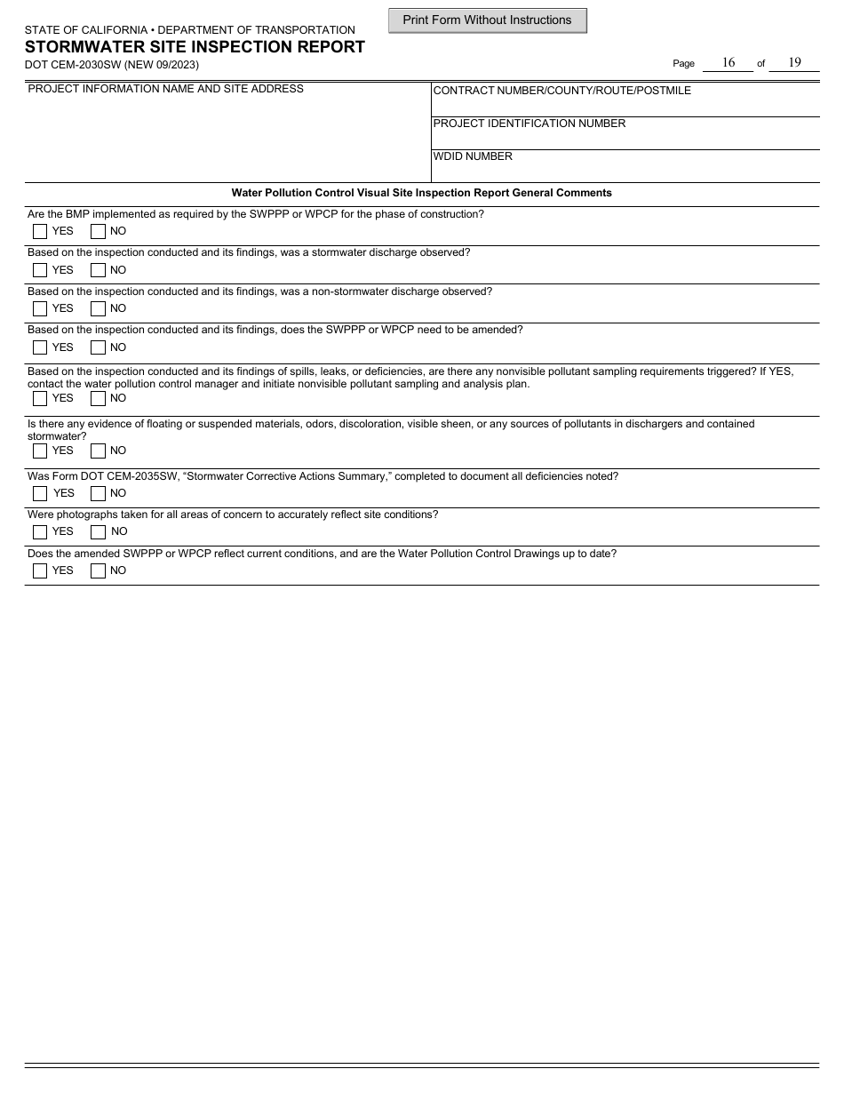 Form DOT CEM-2030SW Stormwater Site Inspection Report - California, Page 16