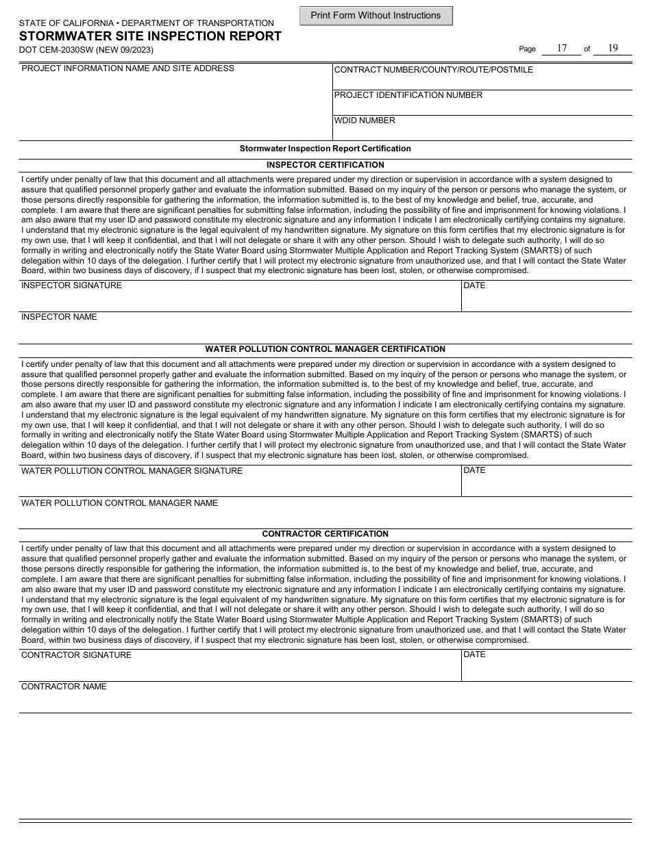 Form DOT CEM-2030SW Stormwater Site Inspection Report - California, Page 17