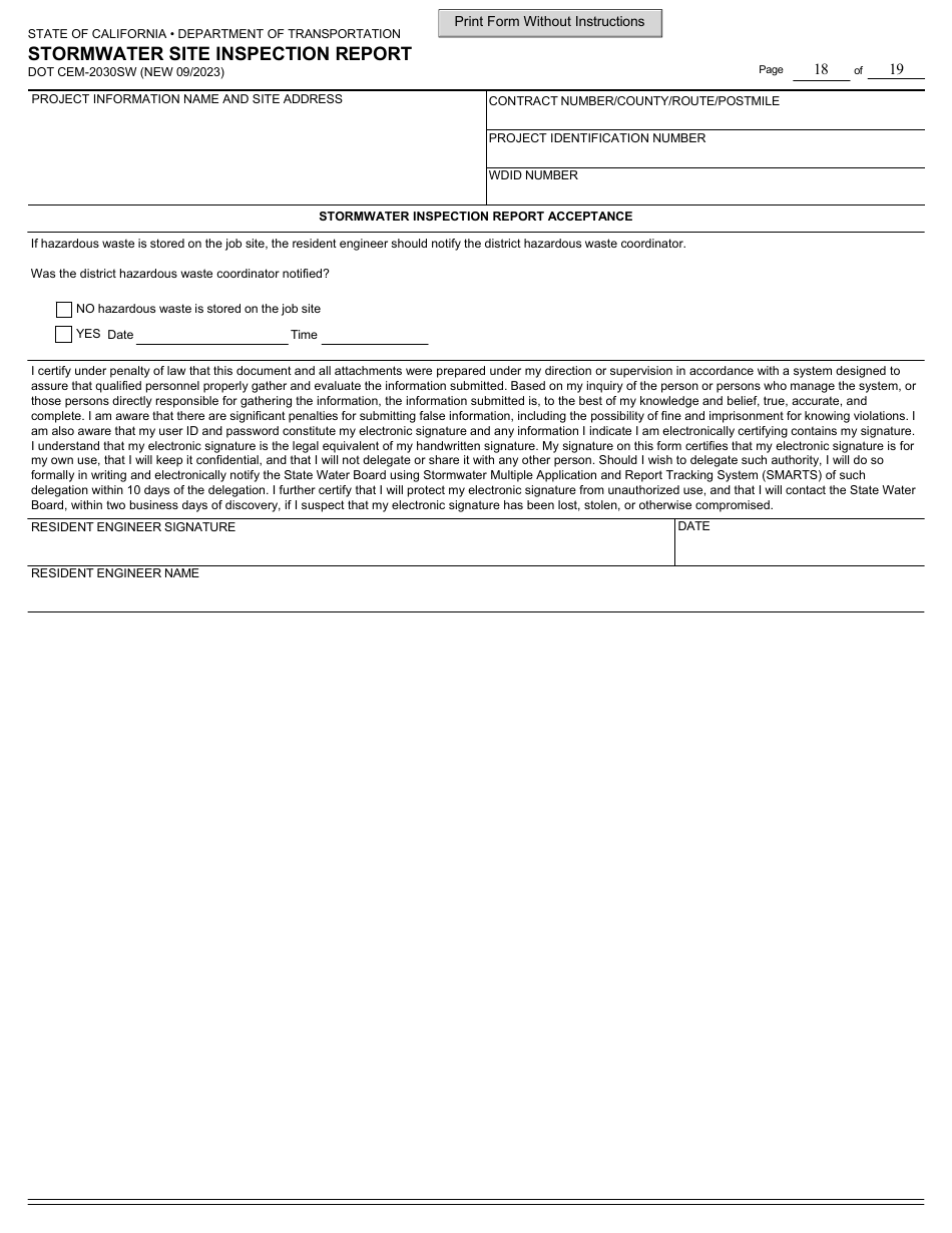Form DOT CEM-2030SW Stormwater Site Inspection Report - California, Page 18