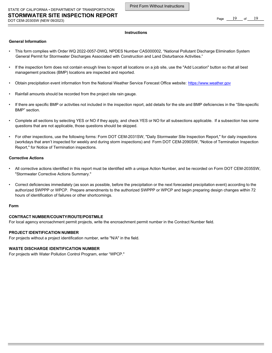 Form DOT CEM-2030SW Stormwater Site Inspection Report - California, Page 19