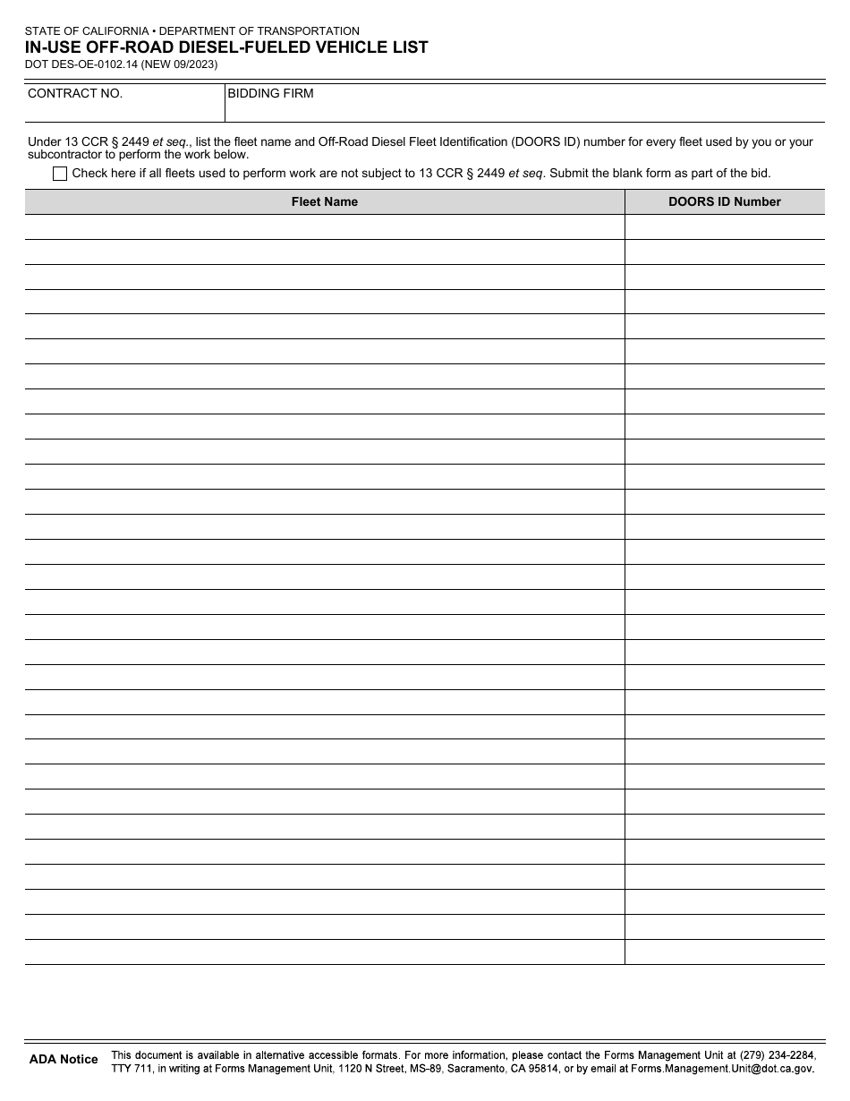 Form DES-OE-0102.14 In-use off-Road Diesel-Fueled Vehicle List - California, Page 1
