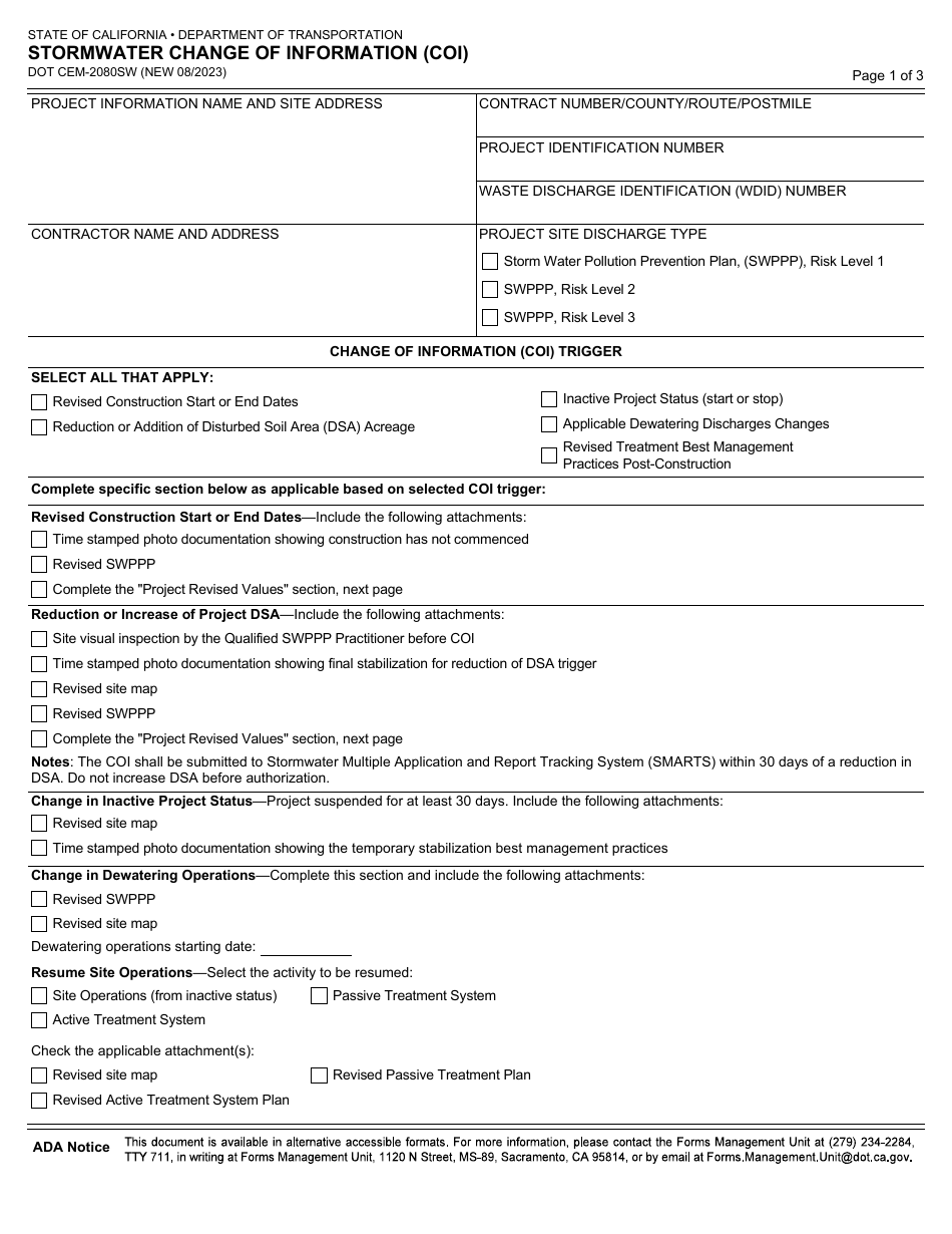 Form DOT CEM-2080SW Stormwater Change of Information (Coi) - California, Page 1